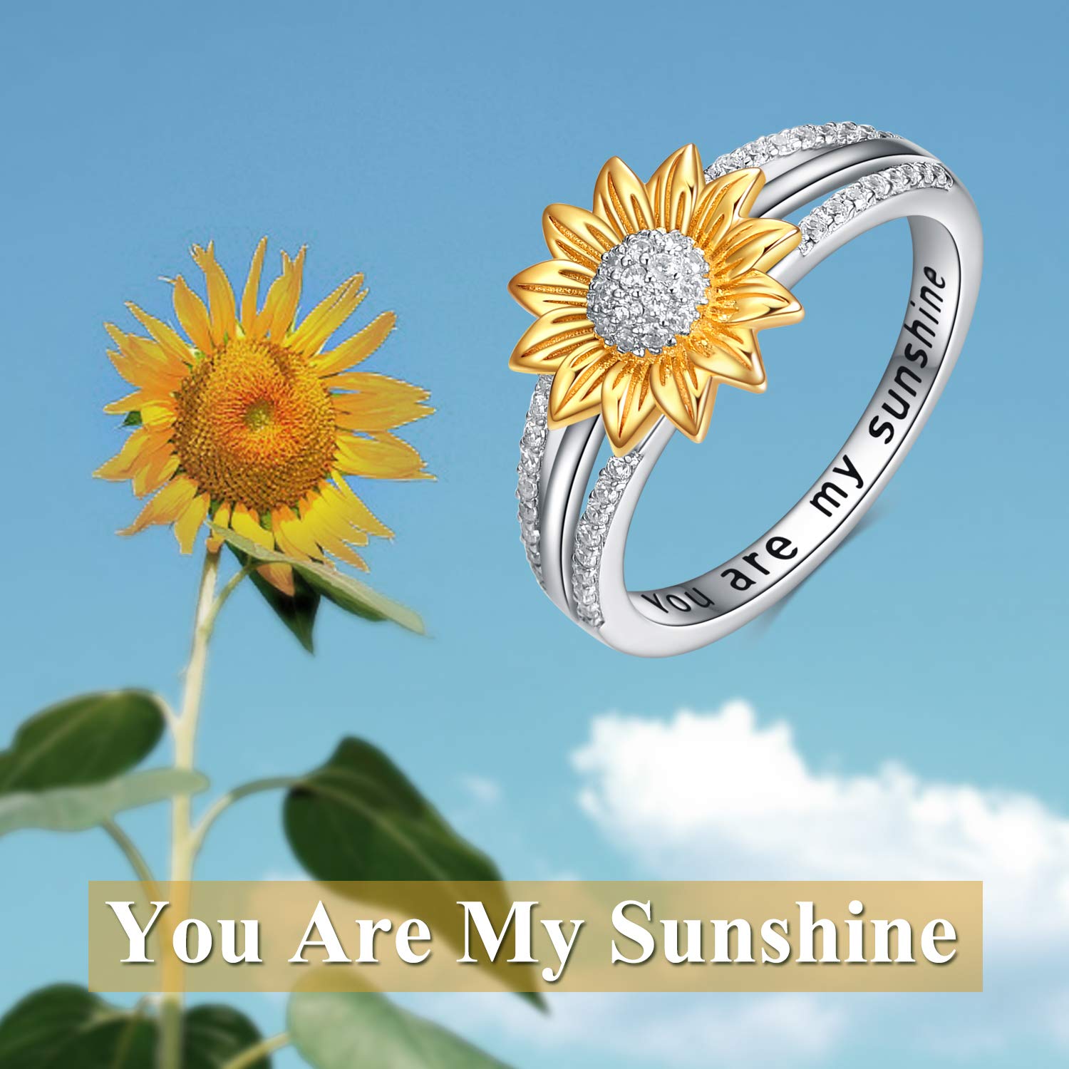 YFN Sterling Silver You are My Sunshine Sunflower Statement Ring with Cubic Zirconial Band Gifts (8)