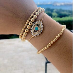 fzbali 3 Pcs Gold Beaded Bracelets Valentine's Day Gifts, Men Women Elastic Copper Beads Balls Stretch Bracelet Anklet, Fashion Stacking Bracelets Cuff Set Jewelry (6mm+4mm)