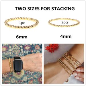 fzbali 3 Pcs Gold Beaded Bracelets Valentine's Day Gifts, Men Women Elastic Copper Beads Balls Stretch Bracelet Anklet, Fashion Stacking Bracelets Cuff Set Jewelry (6mm+4mm)