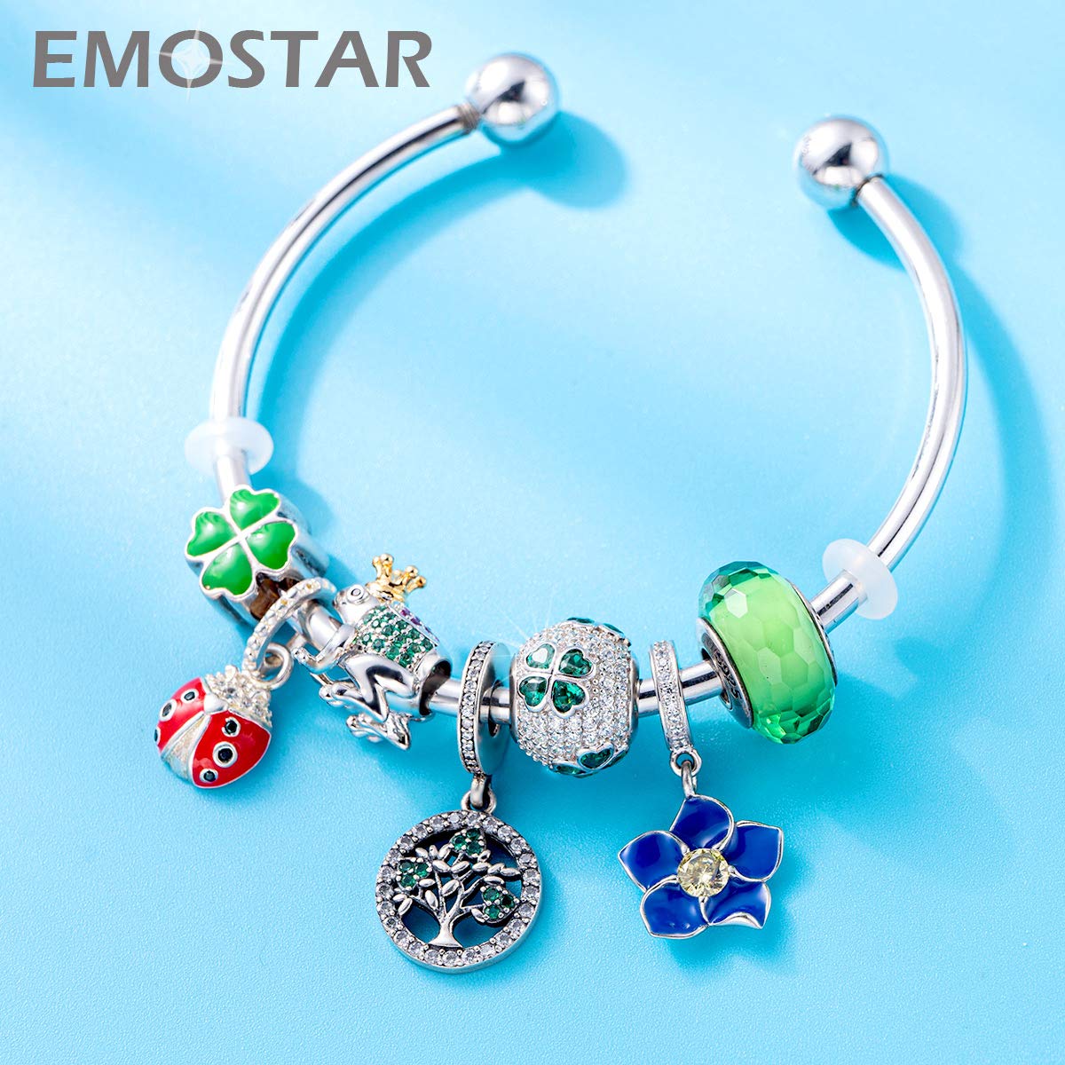 Sparkling Irish Four Leaf Clover Charms fits Pandora Ireland St Patricks Day Bracelet - Pave Green Hearts Shamrock CZ Ball Beads in 925 Sterling Silver, Gifts for Mother/Valentines Day