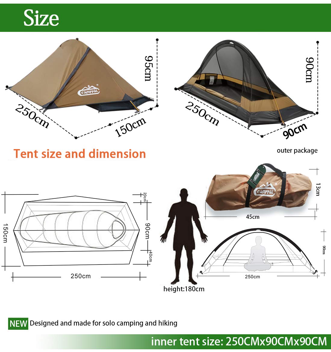 camppal 1 Person Tent Backpacking Tent for Camping Hiking Trekking Hunting Super Lightweight and Waterproof & Windproof 4 Season Mountain tent MT051 (Khaki)