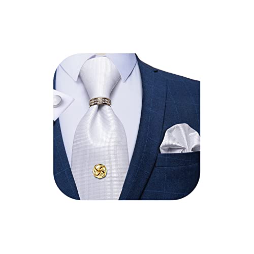 DiBanGu Tie Set for Men Solid Color Necktie, Gold Tie Tack, Gold Tie Ring, Pocket Square, Cufflinks Formal Mens Silk Tie, White