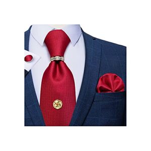 DiBanGu Tie Set for Men Solid Color Necktie, Gold Tie Tack, Gold Tie Ring, Pocket Square, Cufflinks Formal Mens Silk Tie, Bright Red