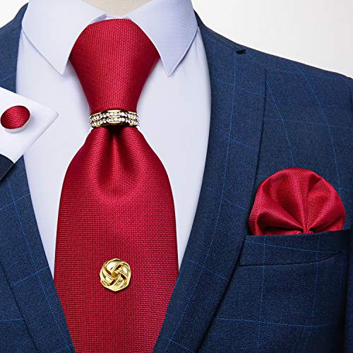 DiBanGu Tie Set for Men Solid Color Necktie, Gold Tie Tack, Gold Tie Ring, Pocket Square, Cufflinks Formal Mens Silk Tie, Bright Red