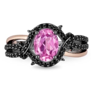 Jewelili Enchanted Disney Fine Jewelry 14K Rose Gold over Sterling Silver with Black Rhodium Oval Created Pink Sapphire and 1/4 Cttw Treated Black Round Diamond Maleficent Ring Size 8