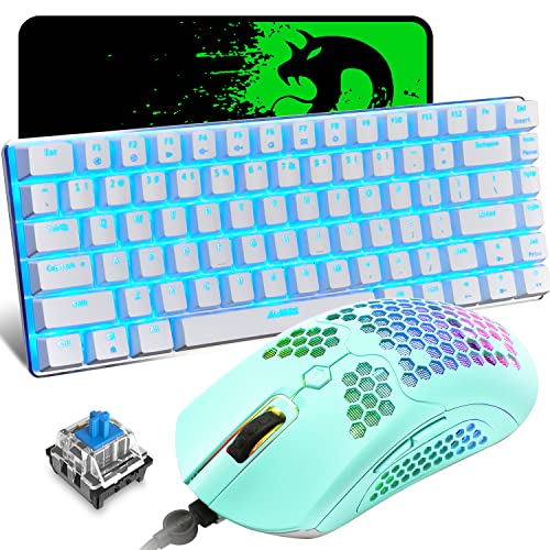 ZIYOU LANG Mechanical Gaming Keyboard and Mouse Combo Blue LED Backlit Keyboard,12000 DPI RGB Lightweight Gaming Mouse with Honeycomb Shell,Large Mouse Pad for Windows Gaming PC(Macaron Green)