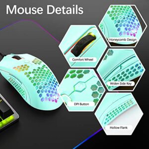 ZIYOU LANG Mechanical Gaming Keyboard and Mouse Combo Blue LED Backlit Keyboard,12000 DPI RGB Lightweight Gaming Mouse with Honeycomb Shell,Large Mouse Pad for Windows Gaming PC(Macaron Green)