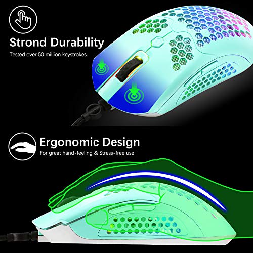 ZIYOU LANG Mechanical Gaming Keyboard and Mouse Combo Blue LED Backlit Keyboard,12000 DPI RGB Lightweight Gaming Mouse with Honeycomb Shell,Large Mouse Pad for Windows Gaming PC(Macaron Green)