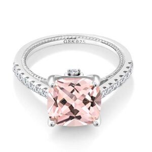 Gem Stone King 925 Sterling Silver Peach Simulated Morganite and White Created Sapphire Engagement Ring For Women (4.59 Cttw, Available in size 5, 6, 7, 8, 9)