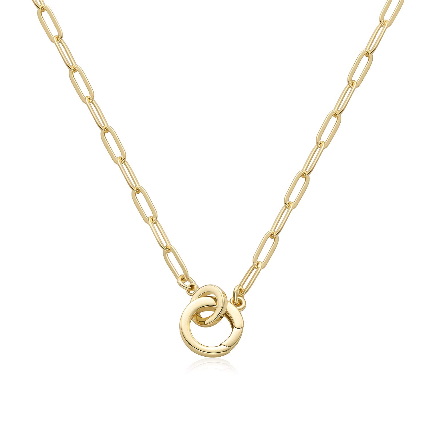 LANE WOODS Paperclip Necklace with Interlocking Circle Pendant: 14K Gold Plated Dainty Link Chain Jewelry for Women