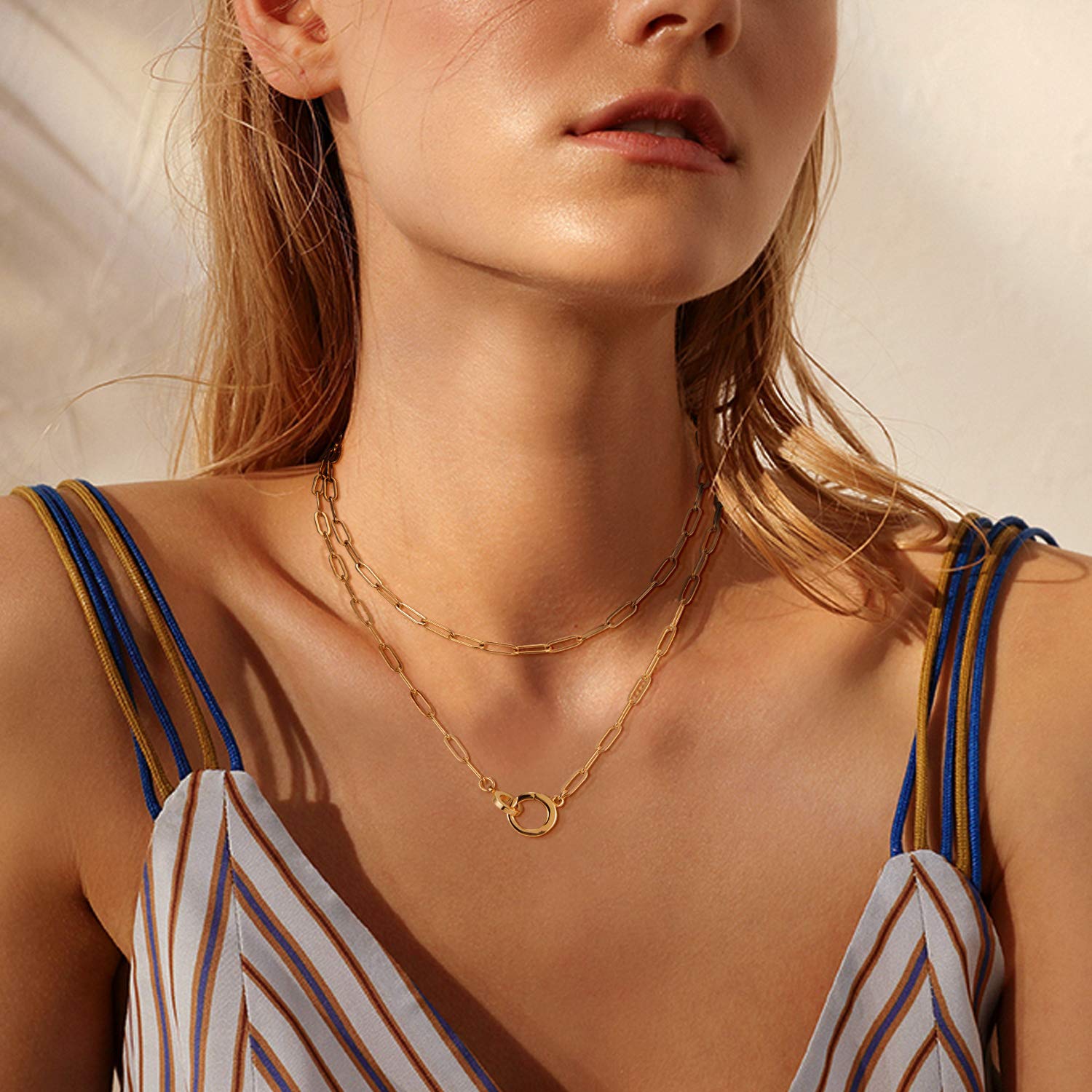 LANE WOODS Paperclip Necklace with Interlocking Circle Pendant: 14K Gold Plated Dainty Link Chain Jewelry for Women