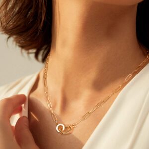 LANE WOODS Paperclip Necklace with Interlocking Circle Pendant: 14K Gold Plated Dainty Link Chain Jewelry for Women