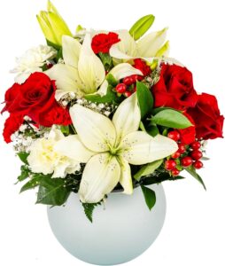 modern love | red, white, fresh flower arrangement with vase | arabella bouquets | flowers for delivery, christmas, birthday, congratulations | premium hydrated shipping