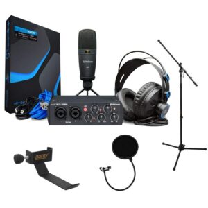 presonus audiobox 96 studio recording bundle (25th anniversary black) with mic stand, headphone holder & pop filter kit