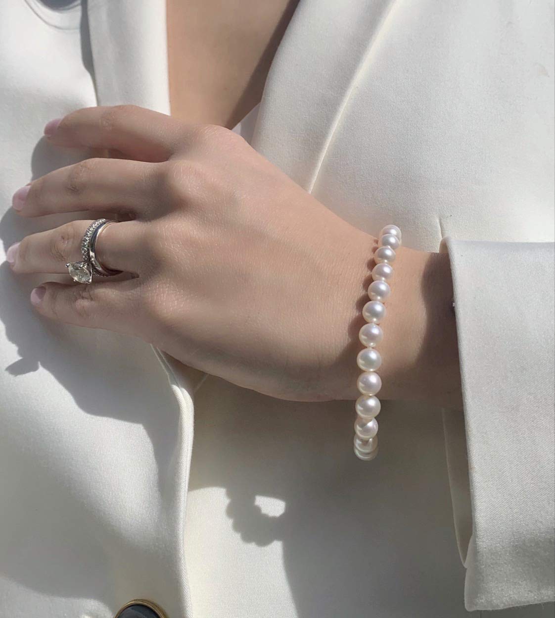 Blue Ocean Pearls 14K White Gold AAAA Freshwater Cultured Pearl Bridal Silk-Knotted Strand Bracelet with Fishhook Clasp - Choice of Length & Pearl Size (7.5, 4.0-4.5-mm)