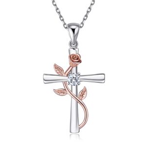 BlingGem Cross Necklace for Women Rose Cross Pendant 925 Sterling Silver Rose Gold-Plated Flower Dainty Religious Cross Necklace Birthday Jewelry Gifts for Women Wife Mom