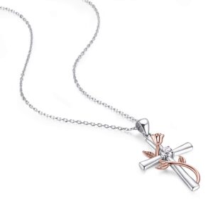 BlingGem Cross Necklace for Women Rose Cross Pendant 925 Sterling Silver Rose Gold-Plated Flower Dainty Religious Cross Necklace Birthday Jewelry Gifts for Women Wife Mom