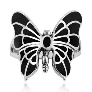 aeravida exotic graceful butterfly simulated black onyx inlay .925 sterling silver ring