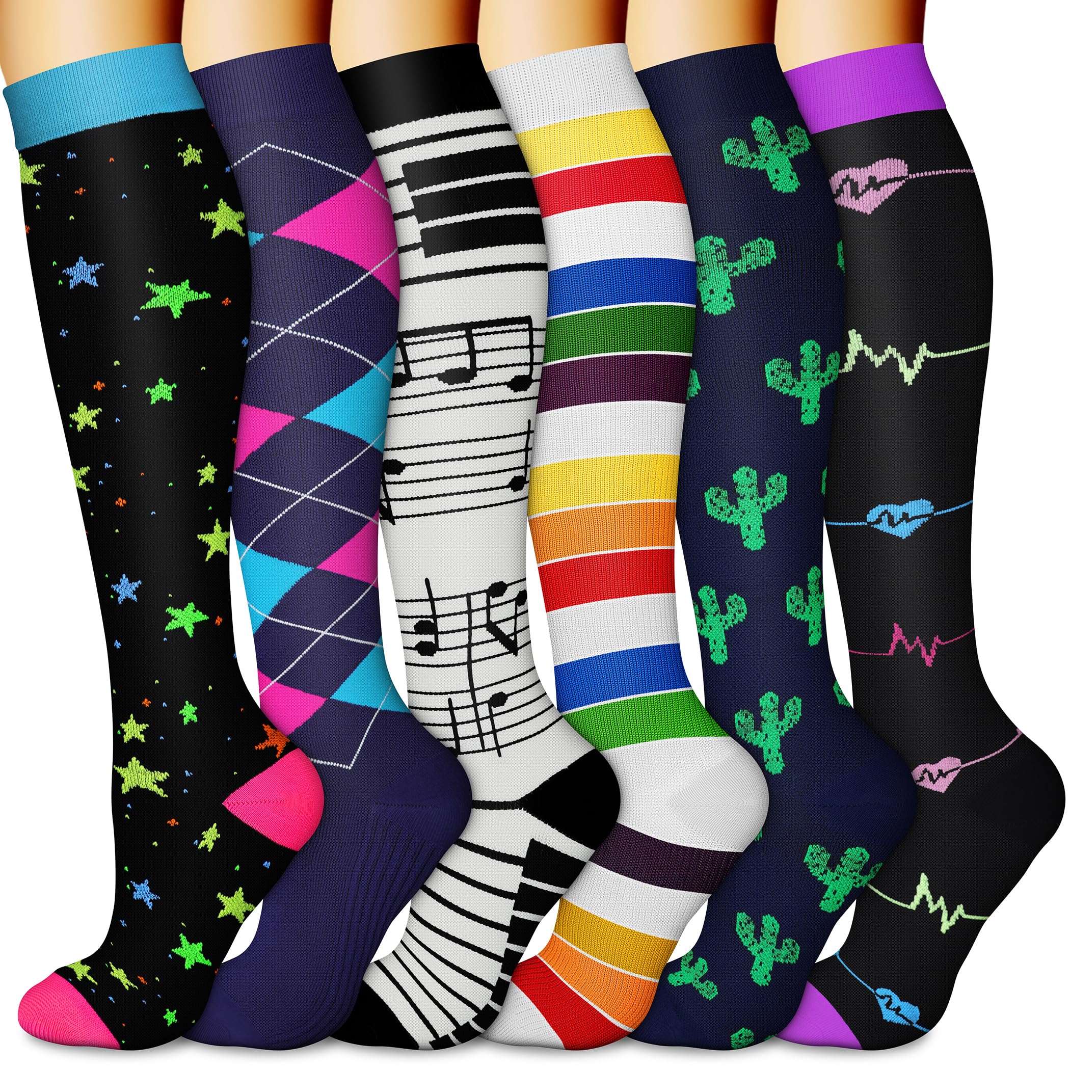 CHARMKING 6 Pairs-Compression Socks for Women & Men Circulation Best Support for Nurses, Running, Athletic,Flight Travel (Multi 08,L/XL)