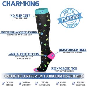 CHARMKING 6 Pairs-Compression Socks for Women & Men Circulation Best Support for Nurses, Running, Athletic,Flight Travel (Multi 08,L/XL)