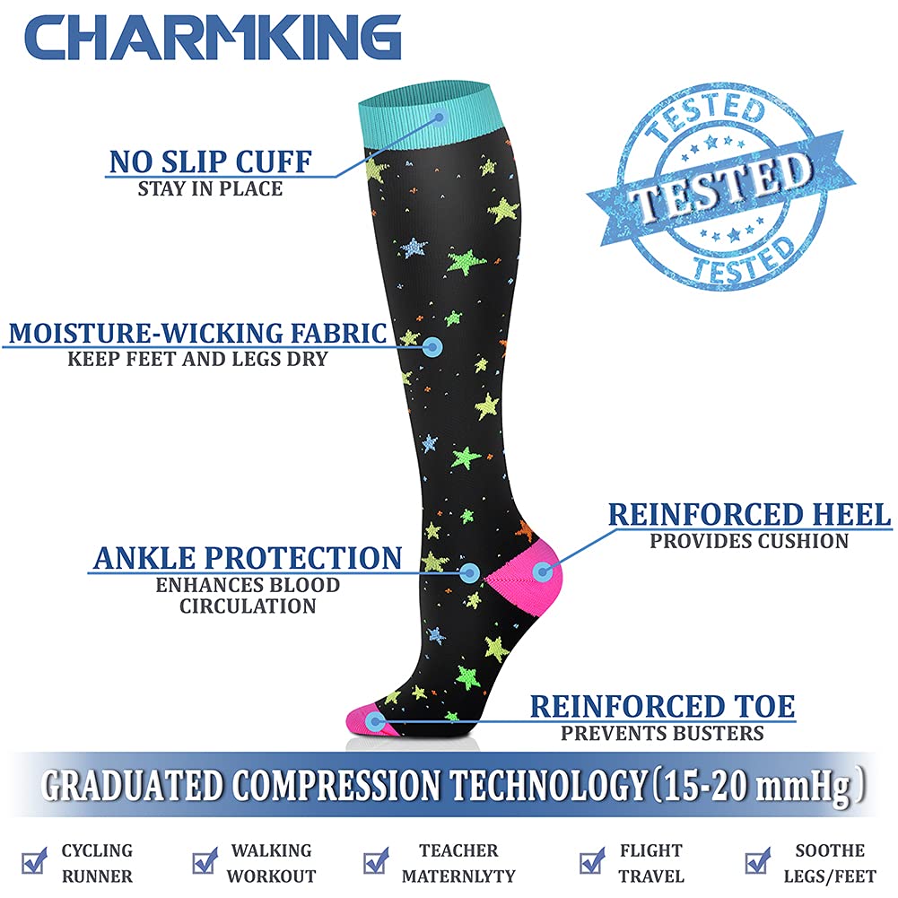 CHARMKING 6 Pairs-Compression Socks for Women & Men Circulation Best Support for Nurses, Running, Athletic,Flight Travel (Multi 08,L/XL)