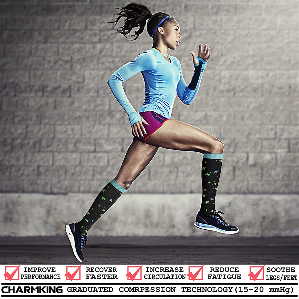 CHARMKING 6 Pairs-Compression Socks for Women & Men Circulation Best Support for Nurses, Running, Athletic,Flight Travel (Multi 08,L/XL)