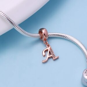 Letter Charms Rose Gold 925 Sterling Silver Alphabet Initial Crystal Dangle Beads fit Pandora Bracelets (A)