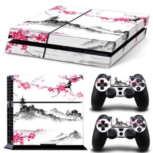 zoomhitskins compatible for ps 4, japanese cherry blossom pink temple pastel flower castle old, durable & fit vinyl, made in the usa