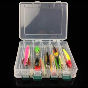 LESOVI Double Sided Fishing Tackle Box 14 Compartments Visible Hard Plastic Clear Fishing Lure Bait Squid Jig Minnows Hooks Accessory Storage Case Container