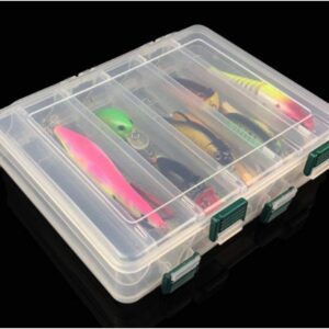 LESOVI Double Sided Fishing Tackle Box 14 Compartments Visible Hard Plastic Clear Fishing Lure Bait Squid Jig Minnows Hooks Accessory Storage Case Container