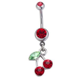 Belly Button Rings 14G 316L Surgical Steel Cute Cherry Dangle Cubic Zirconia Navel Piercing Jewelry