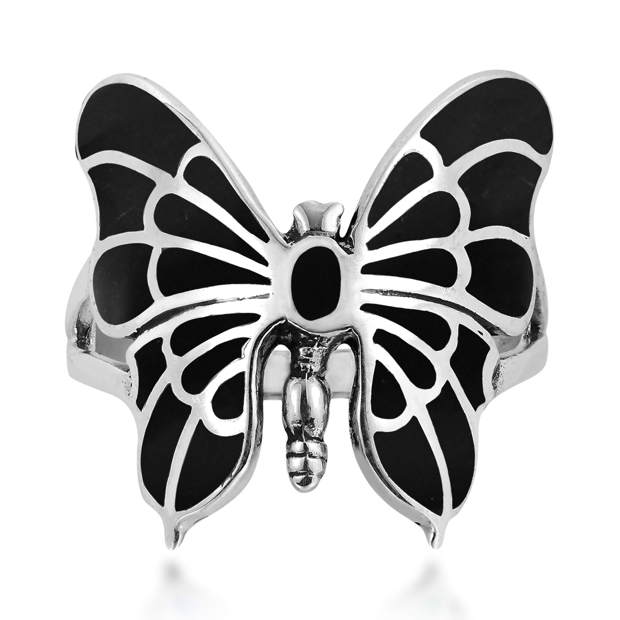 AeraVida Exotic Graceful Butterfly Simulated Black Onyx Inlay .925 Sterling Silver Ring | Cute Wedding Rings For Women | Casual e Comfort Fit Silver Rings for Women | Ring Size (8)