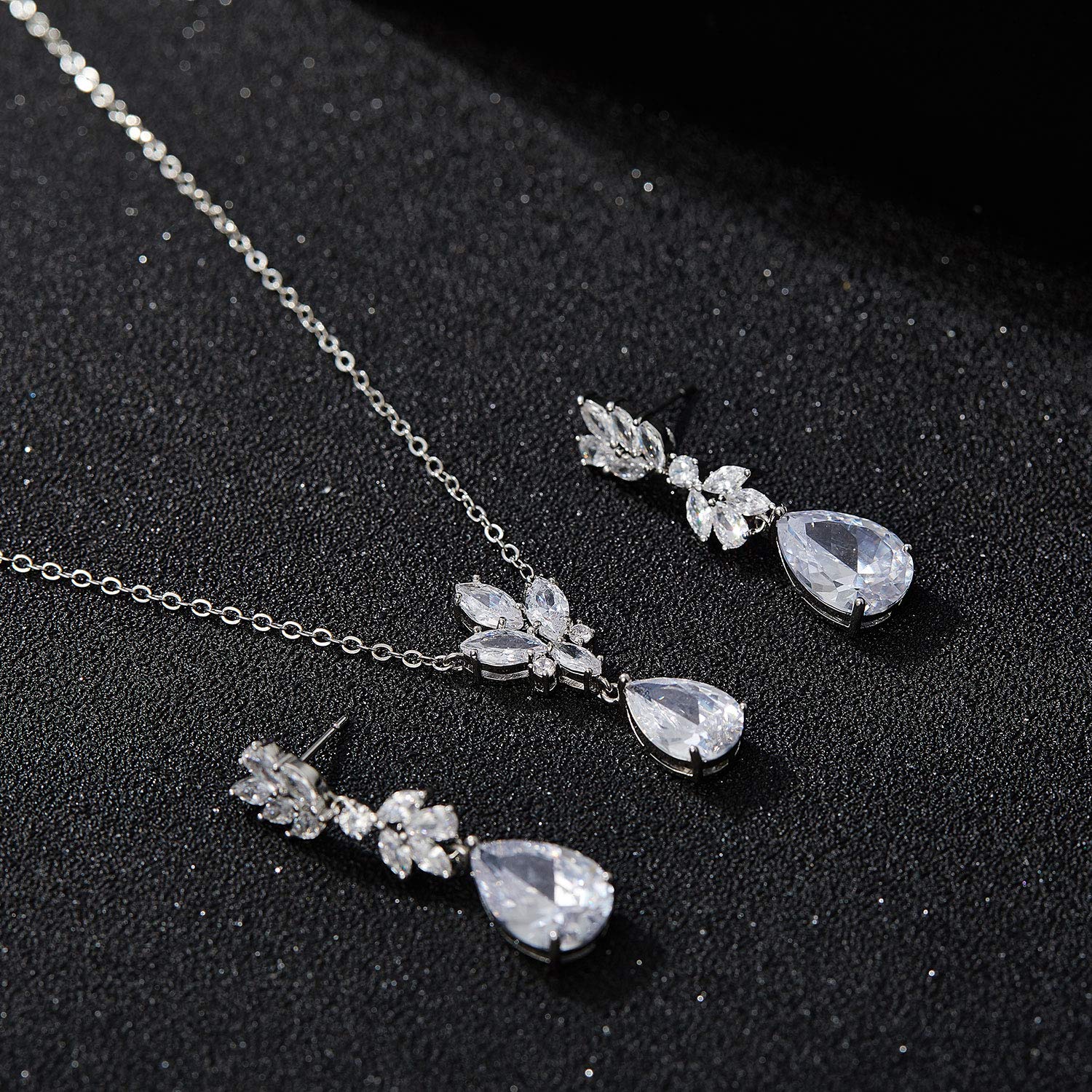 SWEETV Teardrop Wedding Bridal Jewelry Set for Brides Bridesmaid, Silver Crystal Pendant Necklace Drop Dangle Earrings Set for Women