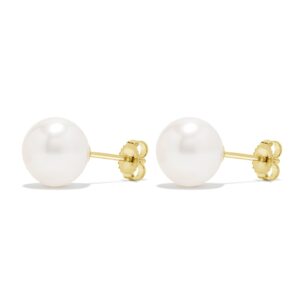 14K Gold AAAA Round White Freshwater Cultured Pearl Classic Bridal Stud Earrings - Choice of Pearl Size (11.0-12.0mm, Yellow Gold)