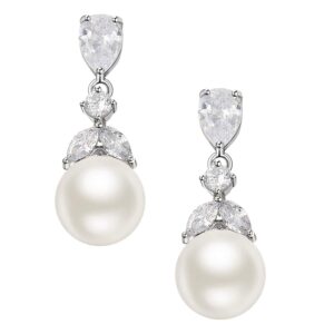 sweetv cubic zirconia pearl drop wedding earrings for brides, ivory camellia bridal pearl earrings for bridesmaid jewelry gift