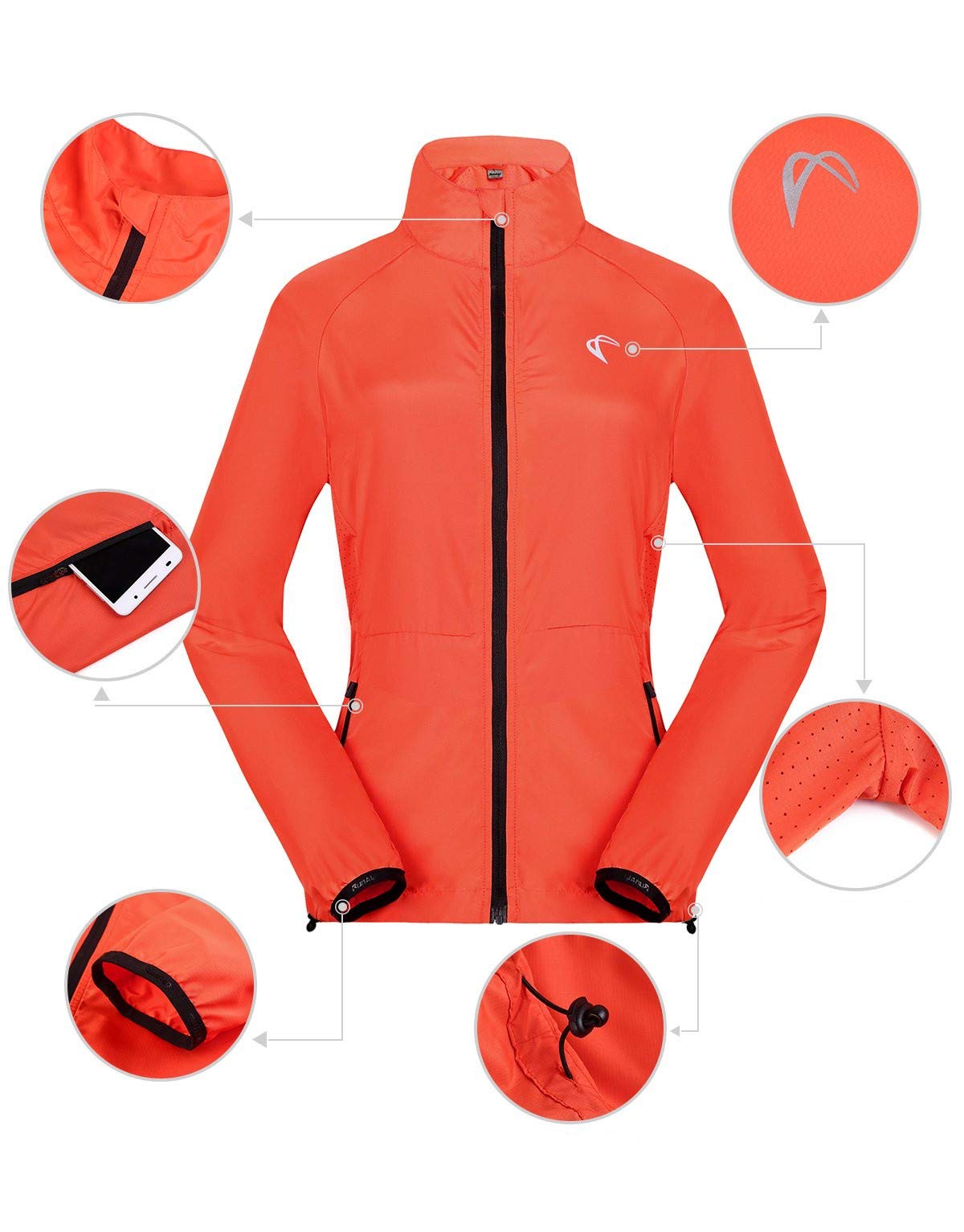 ROWAI Women's Packable Windbreaker Jacket Resistant Cycling Running Jacket Lightweight Windproof Water Orange S