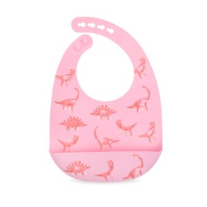 Nuby 2 Pack Adjustable Easy Clean Soft Silicone Bibs with Scoop, Pink Dinosaurs & Flowers