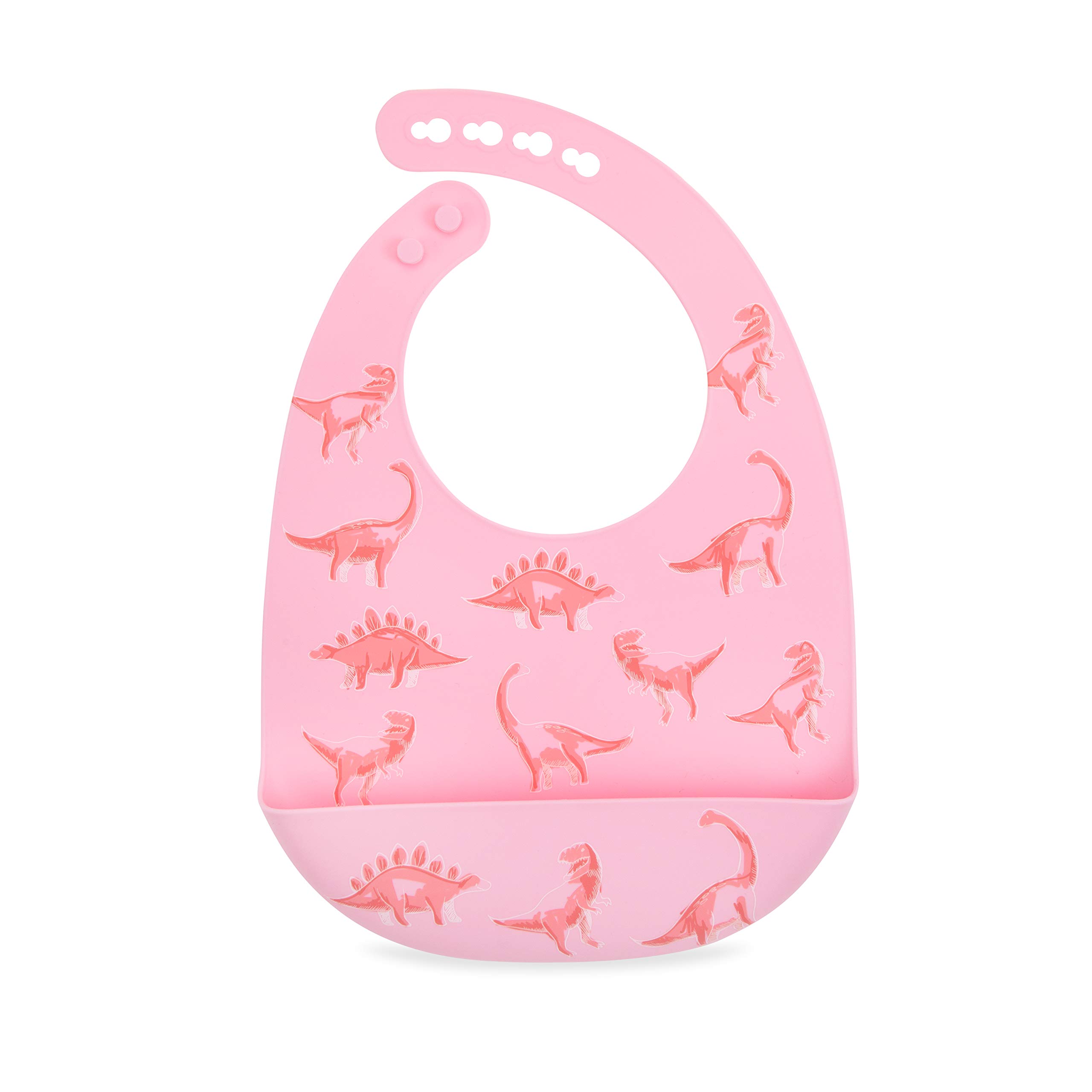 Nuby 2 Pack Adjustable Easy Clean Soft Silicone Bibs with Scoop, Pink Dinosaurs & Flowers