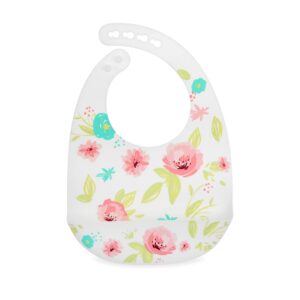 Nuby 2 Pack Adjustable Easy Clean Soft Silicone Bibs with Scoop, Pink Dinosaurs & Flowers