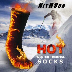 KitNSox Thermal Heat Socks for Men, Crew Heated Insulated Thick Warm Fuzzy Hiker Boot Socks for Hiking Hunting Backpacking,Large, 2 Pairs Black & Deep Gray