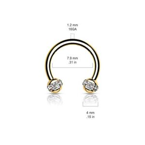 Crystals Paved Around ball Gold PVD Over 316L Surgical Steel Horseshoes for Ear Cartilage, Daith, Eyebrow, Nose Septum and More (Clear)