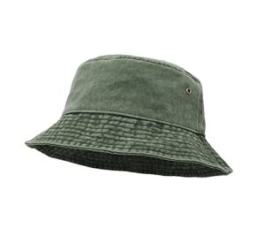 bucket hat, wide brim washed denim cotton outdoor sun hat flat top cap for fishing hiking beach sports army green