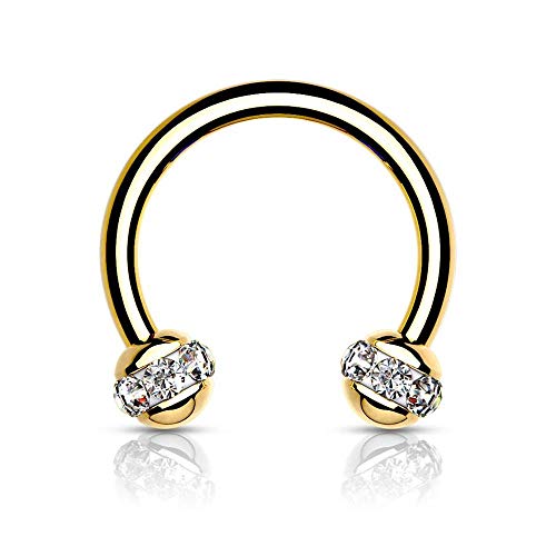 Crystals Paved Around ball Gold PVD Over 316L Surgical Steel Horseshoes for Ear Cartilage, Daith, Eyebrow, Nose Septum and More (Clear)