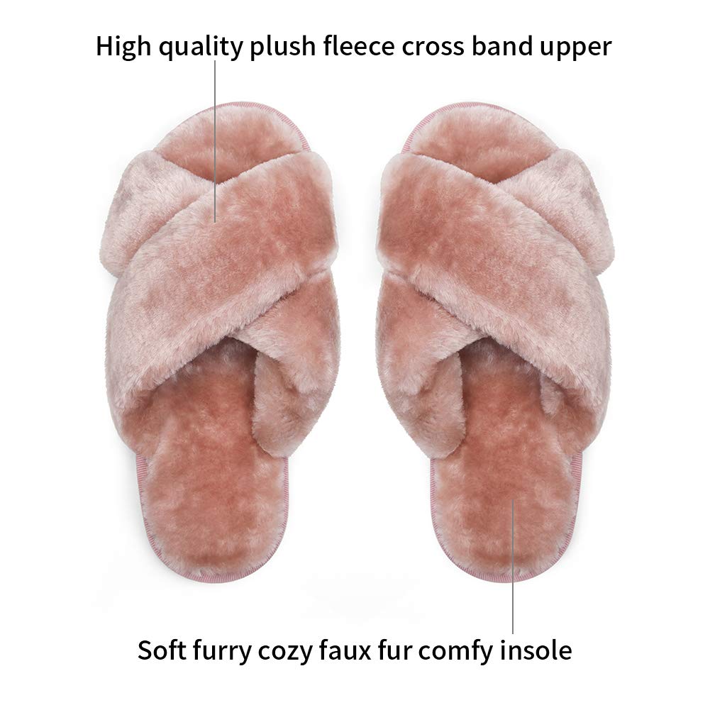 Vepose Women's Cross Band Slippers, Soft Plush Furry Open Toe Fur Slippers, Pink, Size 6,6.5,7 US -Fuzzy Fluffy Slip on House Shoes Indoor Outdoor(CJY801 Pink 06&07)