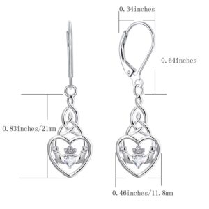 JO WISDOM Women Earrings,925 Sterling Silver Irish Celtic Claddagh Love Heart Drop & Dangle Leverback Earrings with 5A Cubic Zirconia April Birthstone