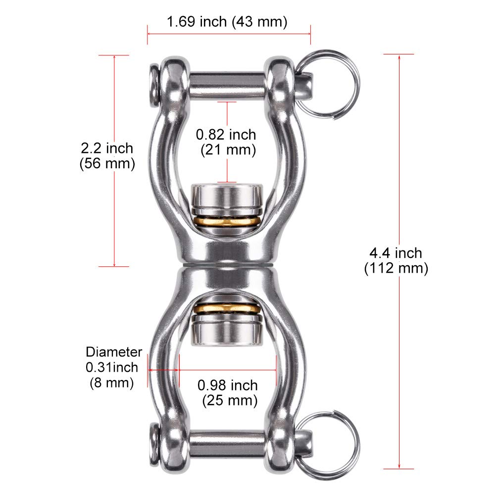 Dolibest SUS304 Silent Bearing Swing Swivel, Tire Swing Swivel with 2 Removeable Buckle for Web Tree Swing, Aerial Dance, Swing Yoga Swing Sets, 770LB Capacity