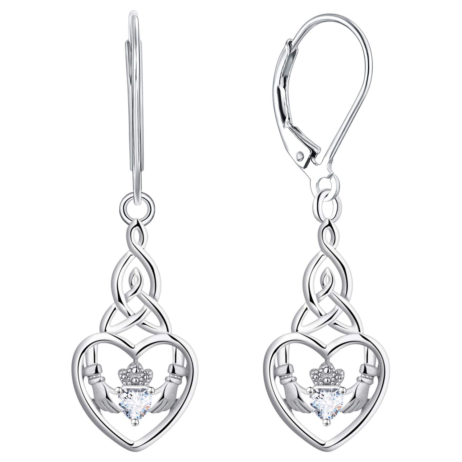 JO WISDOM Women Earrings,925 Sterling Silver Irish Celtic Claddagh Love Heart Drop & Dangle Leverback Earrings with 5A Cubic Zirconia April Birthstone