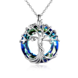 TOUPOP Jewelry for Women Tree of Life Necklace 925 Sterling Silver Family Tree Pendant Necklace with Blue Circle Crystal Mothers Day Birthday Anniversary Jewelry Gifts for Women Her Wife