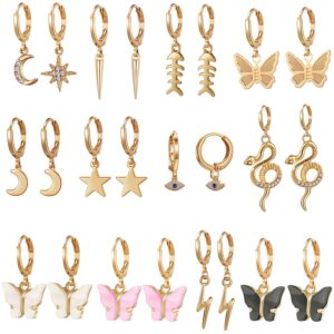 12 pairs gold butterfly earrings for women dangle - butterfly dangle earrings for women - gold hoop earrings with charm- spike hoop earrings set for young women - cute earrings for women