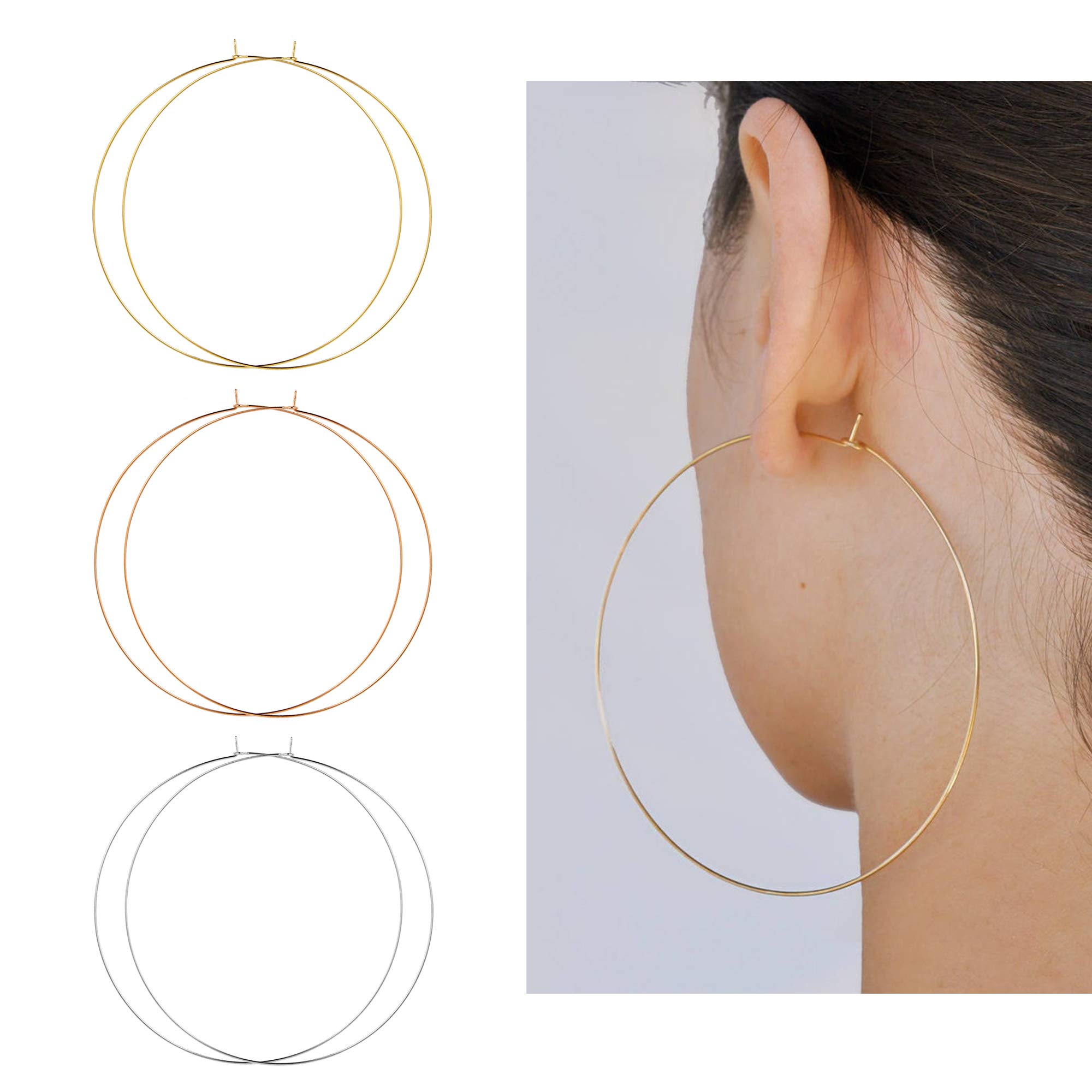 1mm Thin Extra Large Hoop Earrings，3 Pairs Set 90mm Huge Gold Hoops 18k Gold Plated Stainless Steel Big Gold Hoop Earrings for Women